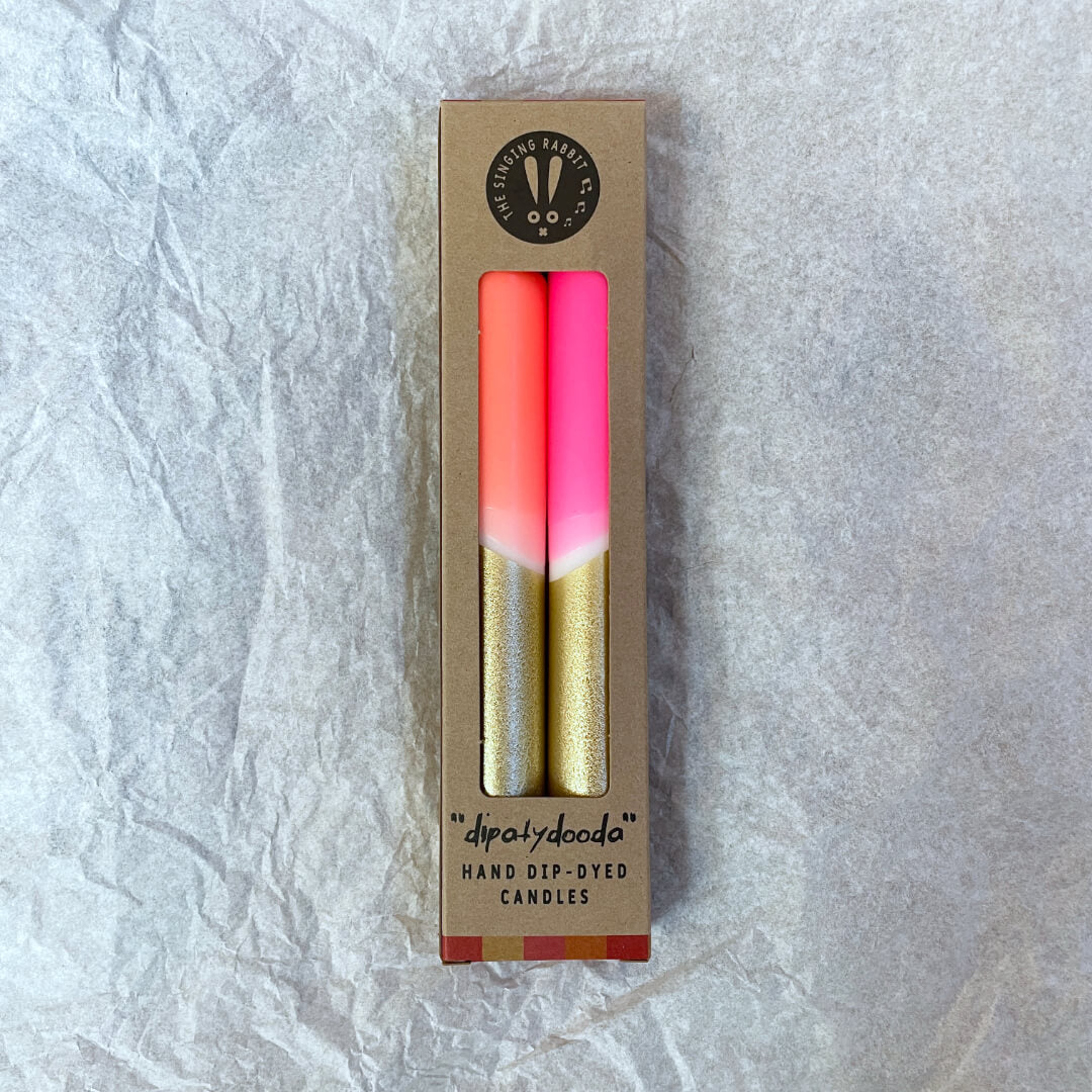 Gold,Coral & Neon Pink Dinner Candles (Set of 2)